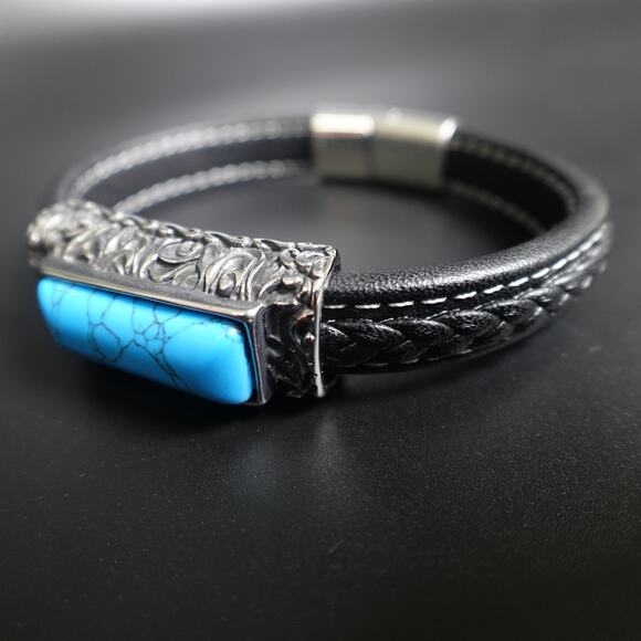 Stainless Steel & Leather Bracelet w/ Turquoise Stone SBR-6746 - Picture 2 of 10